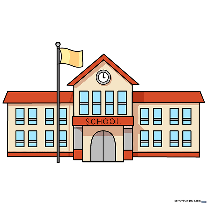 A fully colored, vibrant cartoon school drawing.