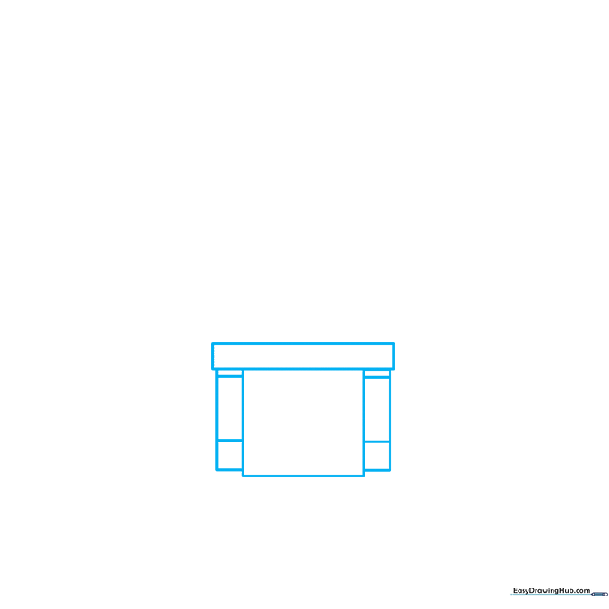 Pencil sketch showing a central square with a rectangle on top and side columns for a school building.