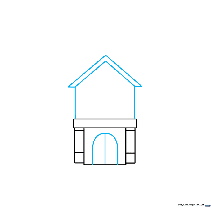 Drawing the school entrance doors and the triangular roof structure.