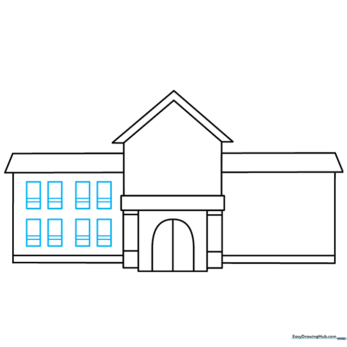 Drawing two rows of rectangular windows on the left section of the school.
