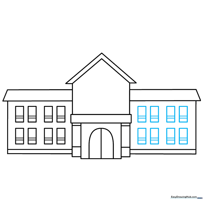 Drawing two rows of rectangular windows on the right section of the school.