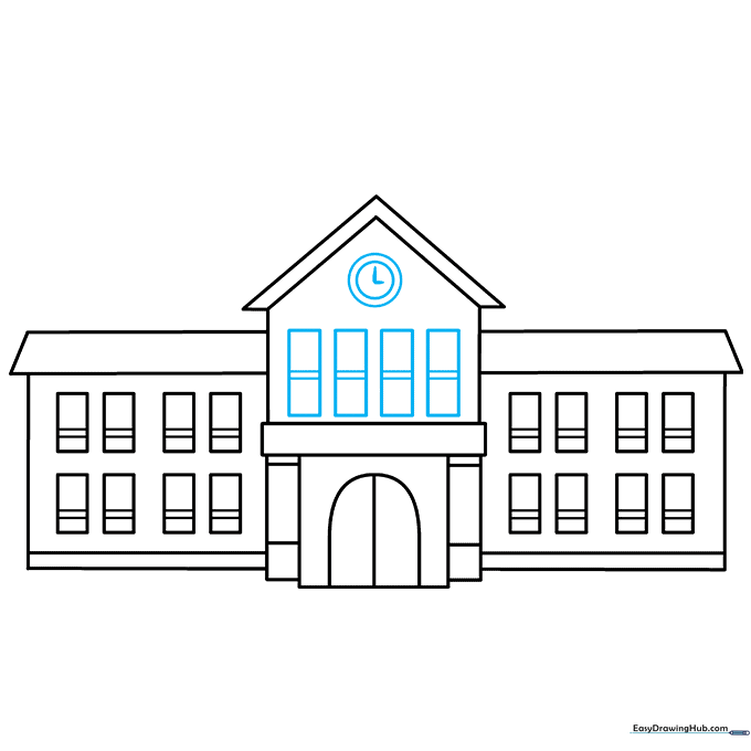 Drawing a clock face and additional windows above the main entrance.