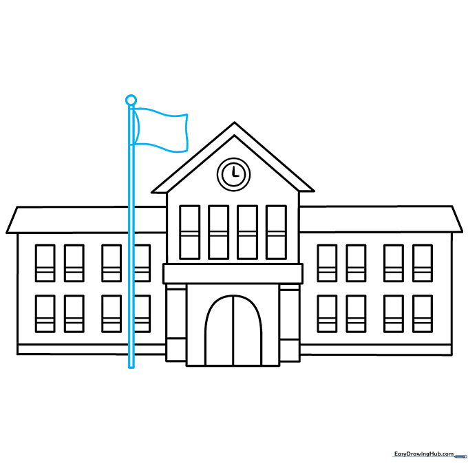 Adding a flagpole with a waving flag to the top of the school building.