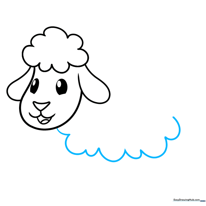 Drawing the beginning of the sheep's round, fluffy body using scalloped lines.