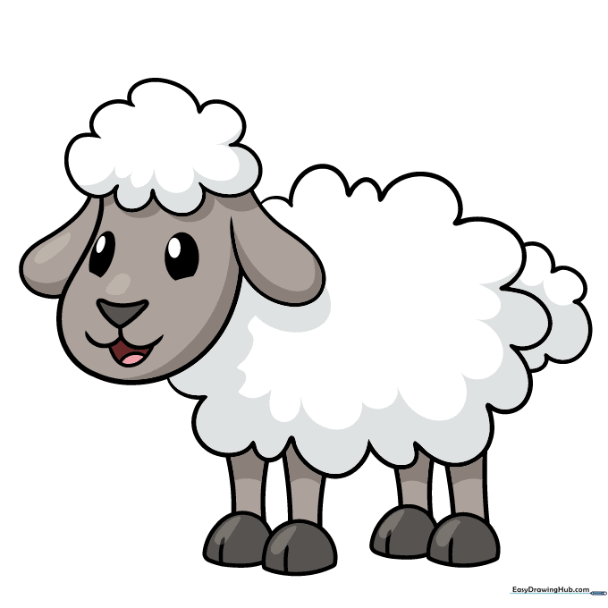 The final colored cartoon sheep drawing with soft wool texture.