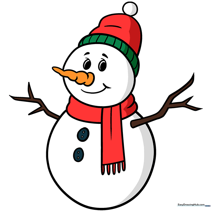 A fully colored, friendly cartoon snowman with a blue hat and scarf.