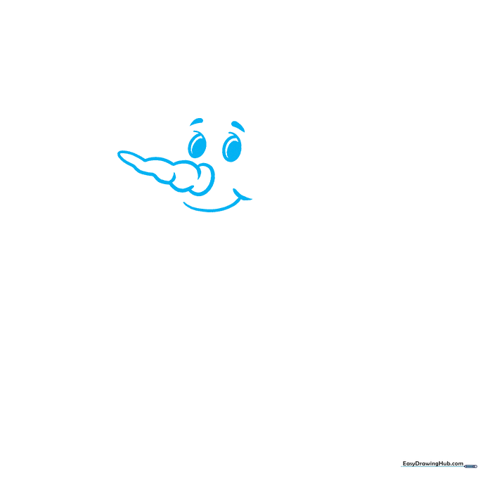 Close-up of a cartoon snowman face with carrot nose and expressive eyes being drawn on white paper.