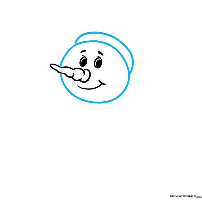 Pencil outline of a snowman head shape being drawn over the facial features.