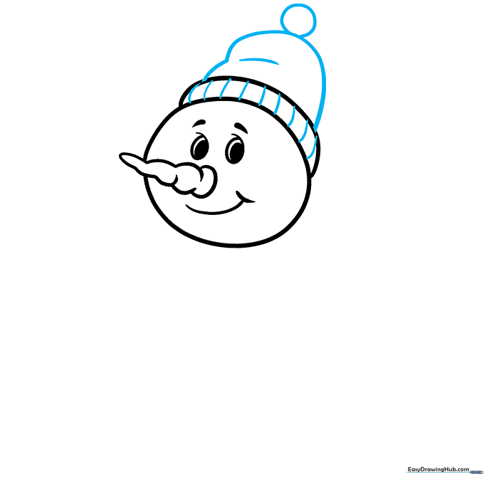 Drawing a winter beanie hat with a pompom on top of the snowman's head.