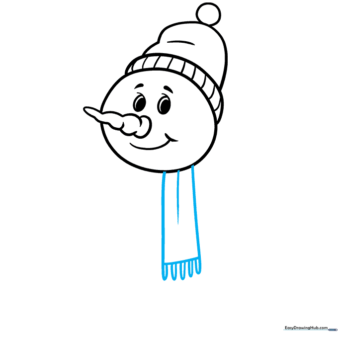 Adding a rectangular scarf with fringe details beneath the snowman's chin.