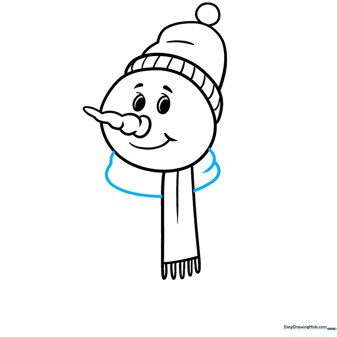 Drawing the sides of the scarf to complete the neck area of the snowman.