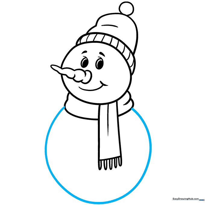 Sketching the large, rounded body of the snowman below the scarf.