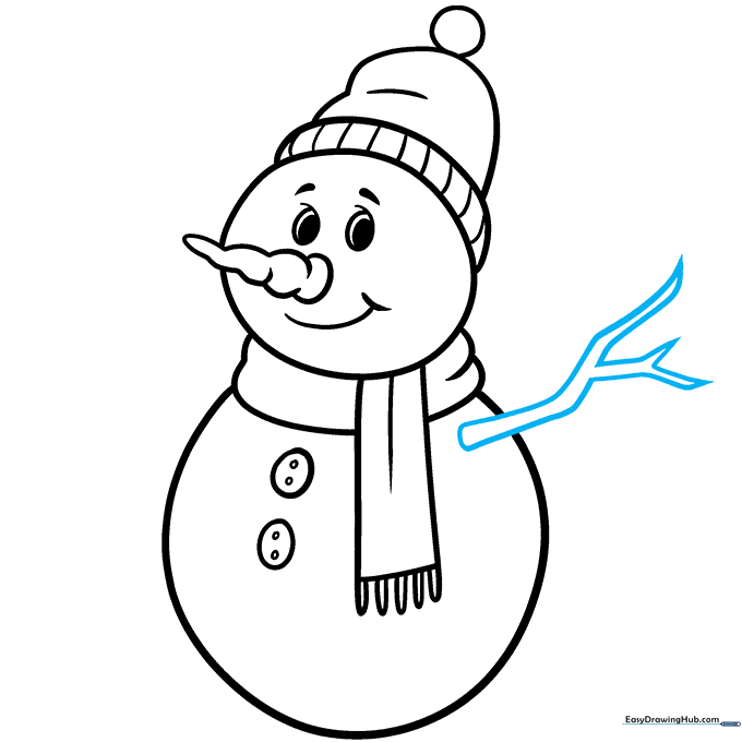 Drawing a wooden branch arm with a split tip on the side of the snowman.