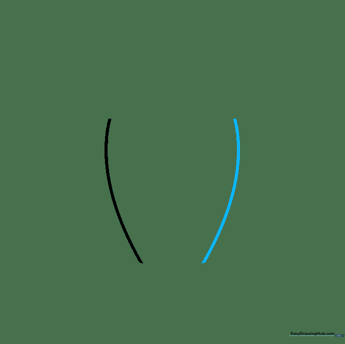 Two symmetrical curved lines forming the elongated body of a rocket.