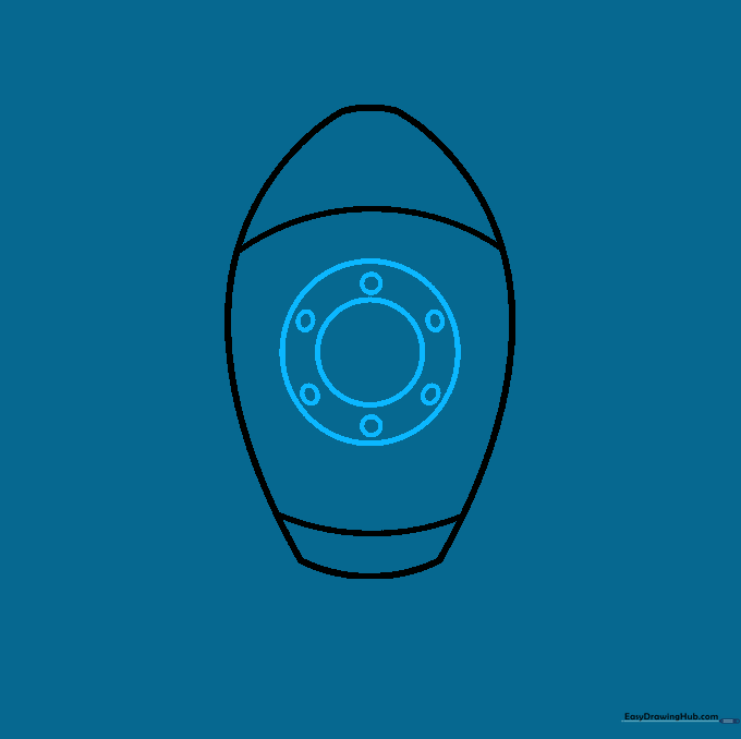 A circular porthole window with rivet details on the side of the rocket.