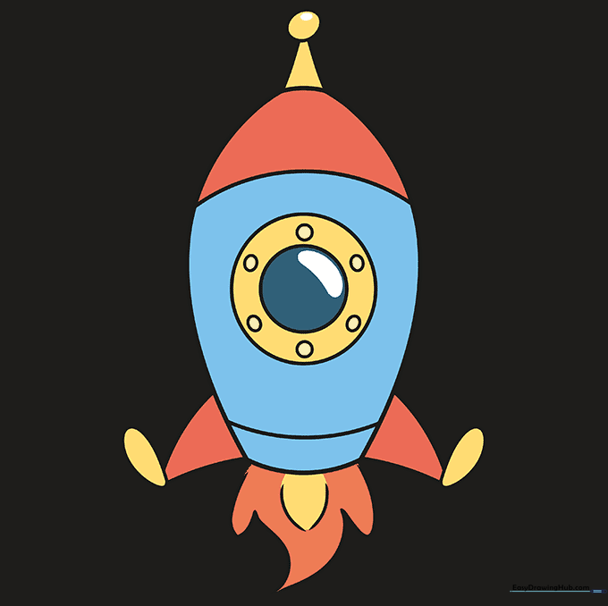 The completed, colored-in cartoon space rocket.