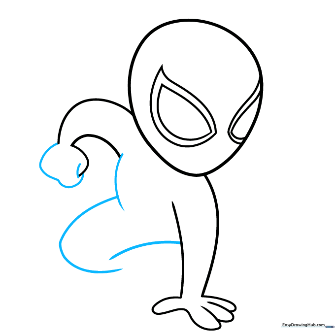 Drawing the torso and upper leg structure for the cartoon character.