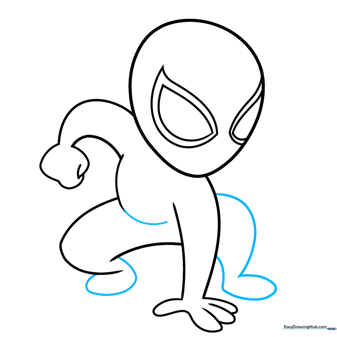Completing the lower body, including the legs and feet of the Spider-Man drawing.