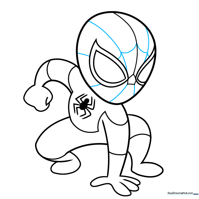 Drawing the web pattern across Spider-Man's mask using curved lines.