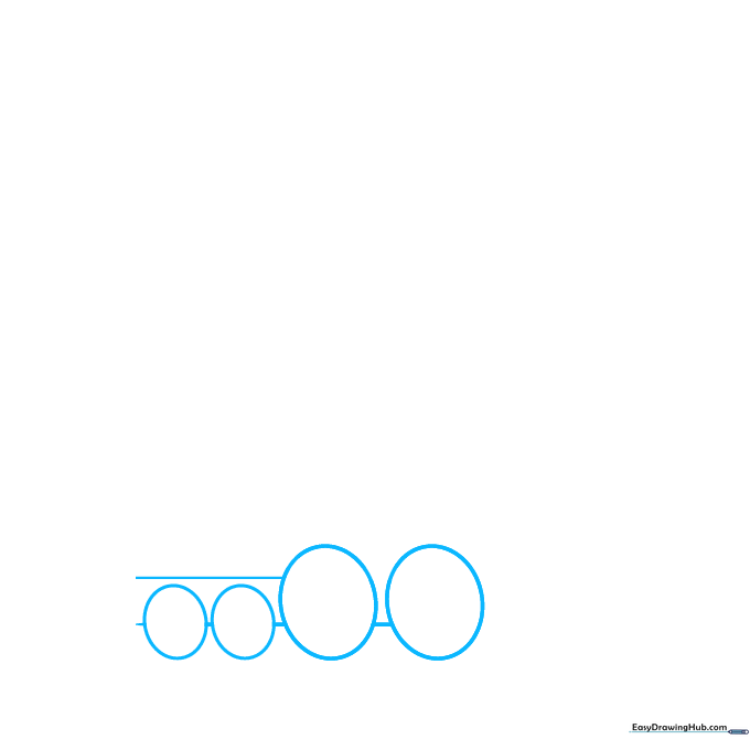 Pencil sketch showing four circles of varying sizes connected by lines to create the base of a cartoon train.