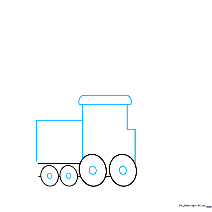 Adding inner circles to the wheels and constructing the rectangular cab structure on top of the train base.