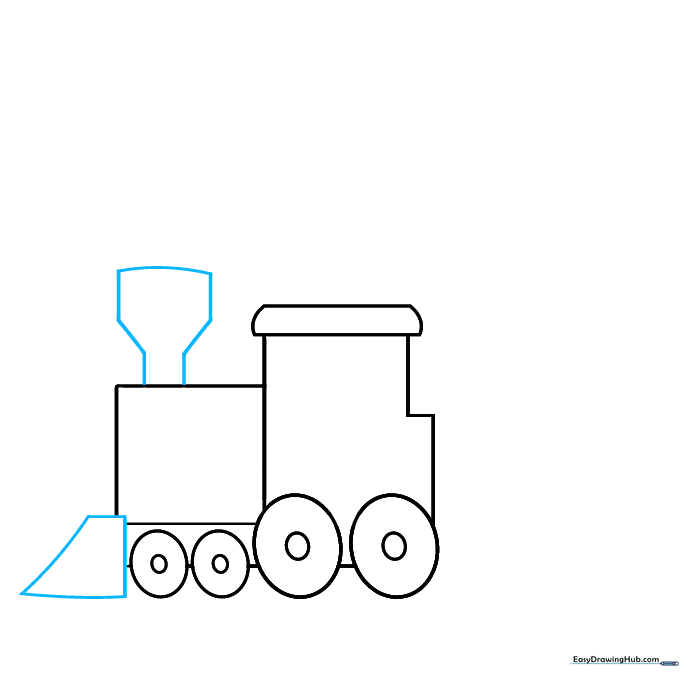 Drawing a trapezoid cowcatcher at the front and a smokestack on top of the engine.