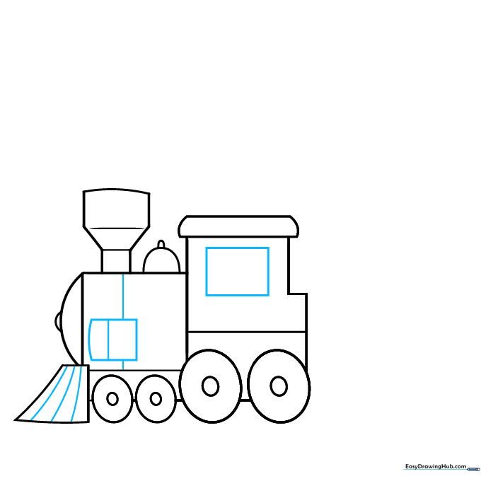 Drawing a square window on the cab and vertical panel lines on the engine.