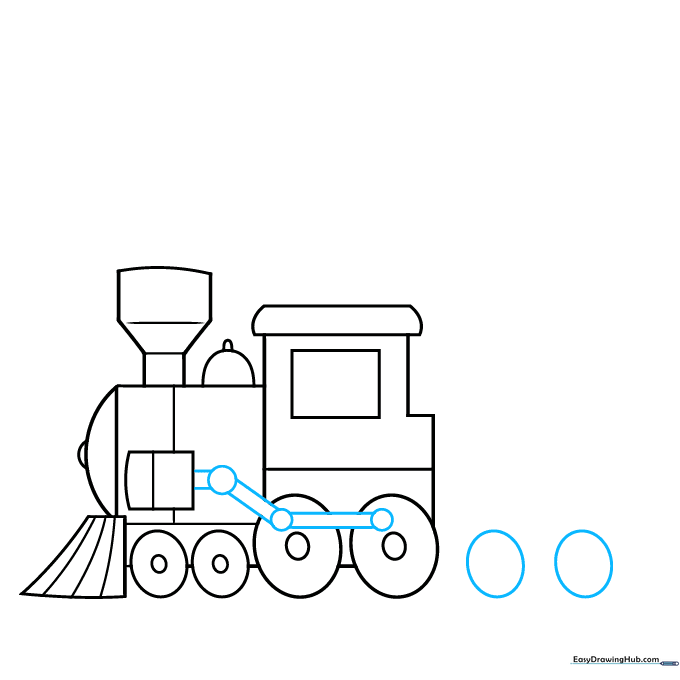 Adding coupling rods between the wheels and sketching additional rear wheels.