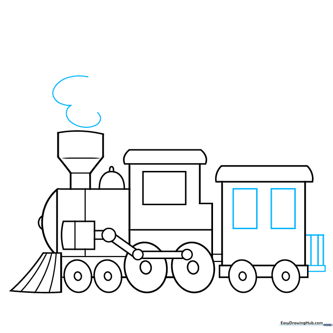 Adding windows to the passenger car and starting the smoke cloud above the engine.