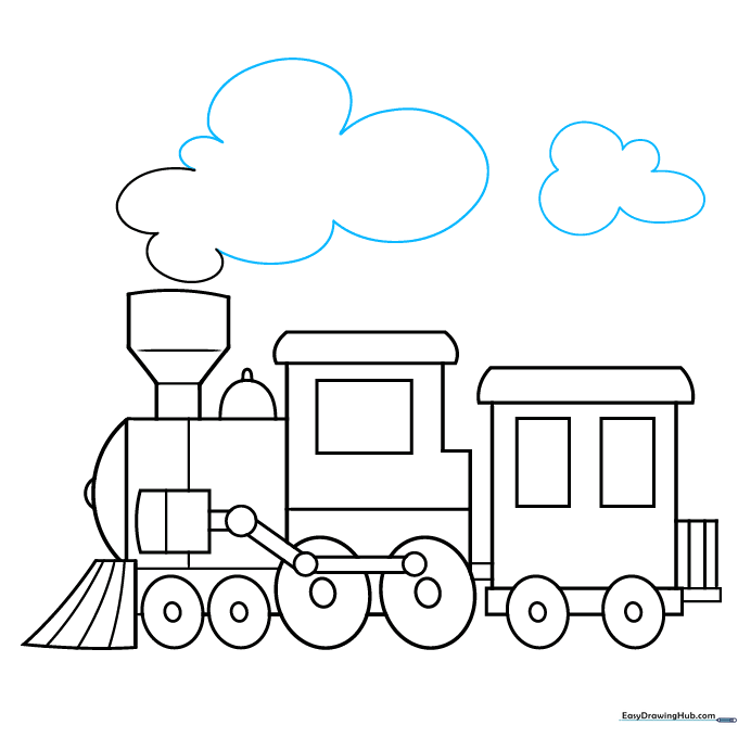 Finalizing the smoke clouds and cleaning up the outline of the cartoon train.