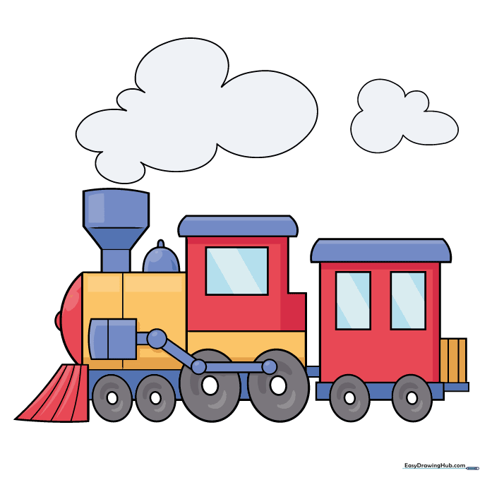 A fully colored cartoon train drawing with vibrant colors.
