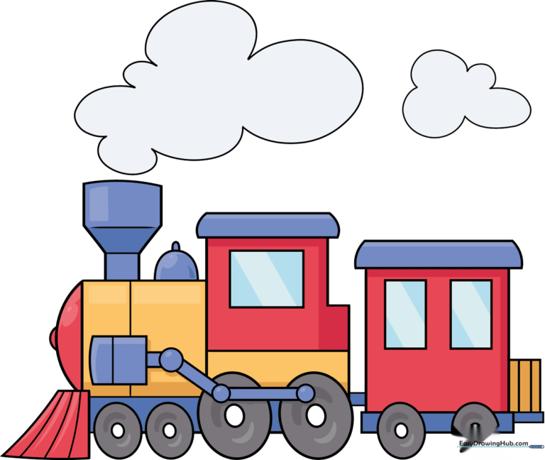 A colorful, friendly cartoon train illustration, perfect for kids to learn drawing.