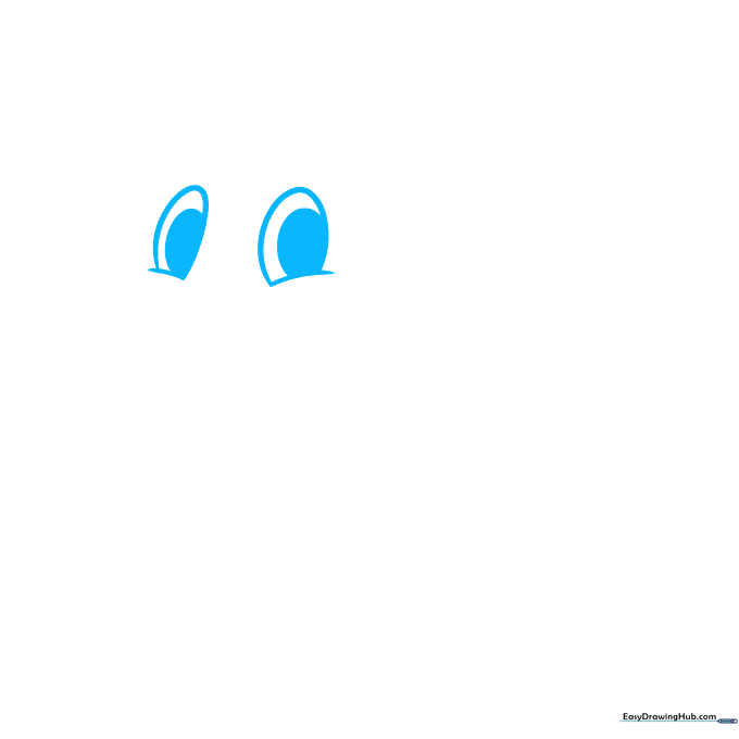 Close-up of two cartoon turkey eyes with dark pupils and curved lids drawn on white paper.