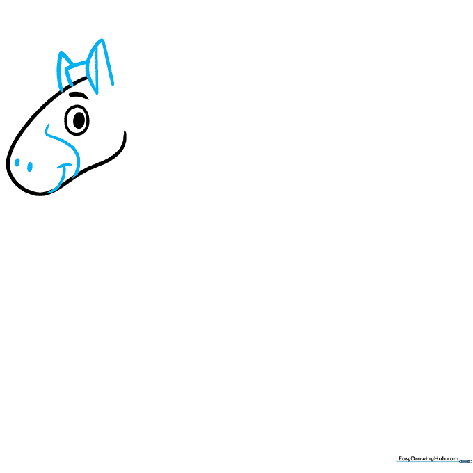 Drawing the zebra's triangular ears, mane, and smiling muzzle.