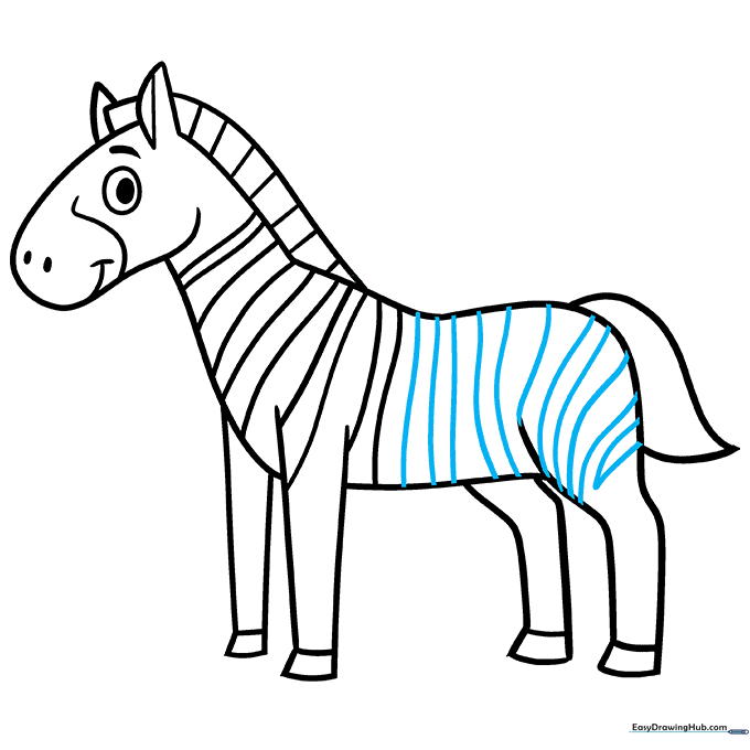 Completed line art of the cartoon zebra with all stripes added.