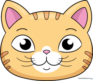 A friendly, colorful cartoon cat face illustration.
