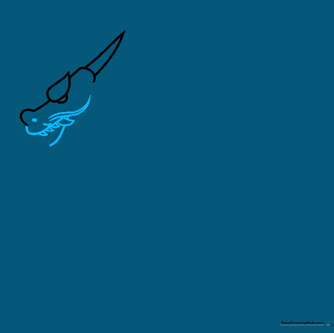Drawing the open mouth, sharp triangular teeth, and long flowing whiskers of the dragon.