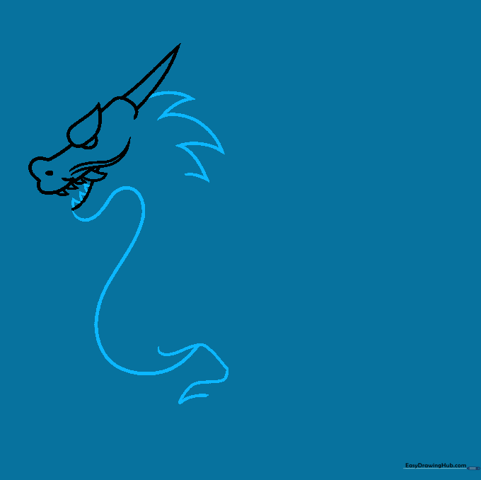 Sketching the dragon's neck, the first leg with a pointed toe, and spikes on the back of the head.