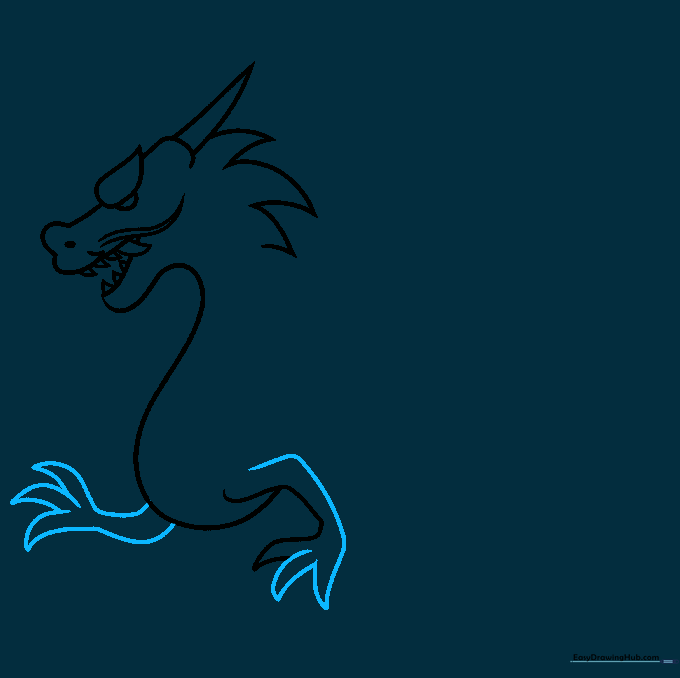 Detailing the two forelegs with pointed toes to give the dragon a dynamic pose.