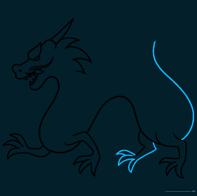 Sketching the base of the long, curving tail extending from the rear legs.