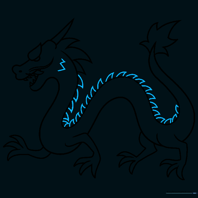 Adding zigzag facial details and a row of triangular spikes along the dragon's back.