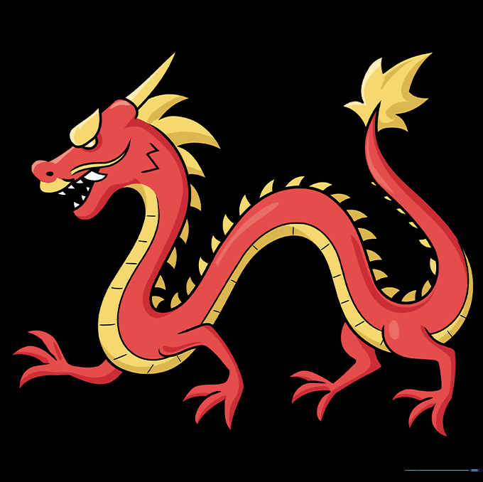 The finished Chinese dragon drawing colored in vibrant red and gold.