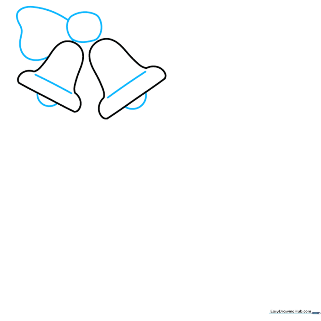 Drawing showing bell clappers added inside the bells and a central circle for a bow.