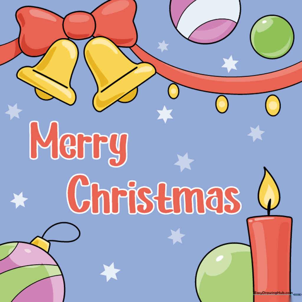 The fully colored Christmas card drawing with vibrant red, green, and yellow accents.