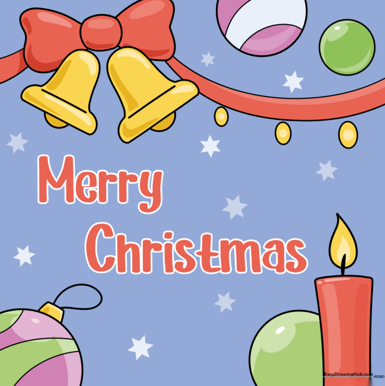 A festive, hand-drawn Christmas card featuring bells, a candle, and ornaments.