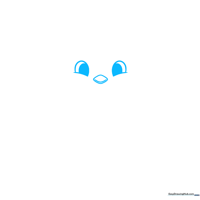 Close-up sketch of a penguin's face showing round eyes and a diamond-shaped beak on white paper.