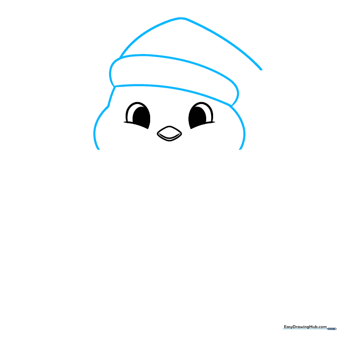 Pencil drawing of a penguin head with a winter hat added on top.