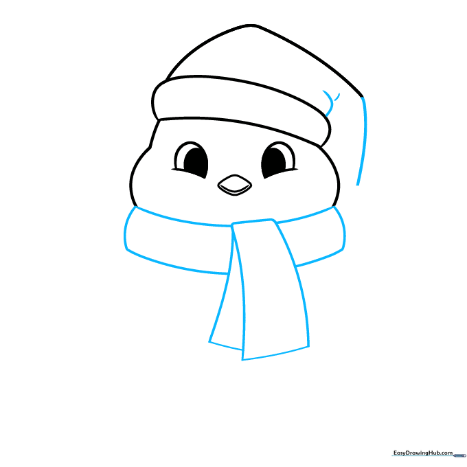 Drawing of a penguin wearing a scarf, showing the knot and fabric folds.