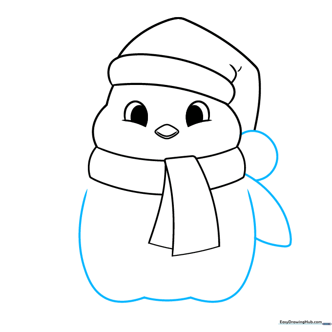 Outline of a penguin's rounded body and one wing.