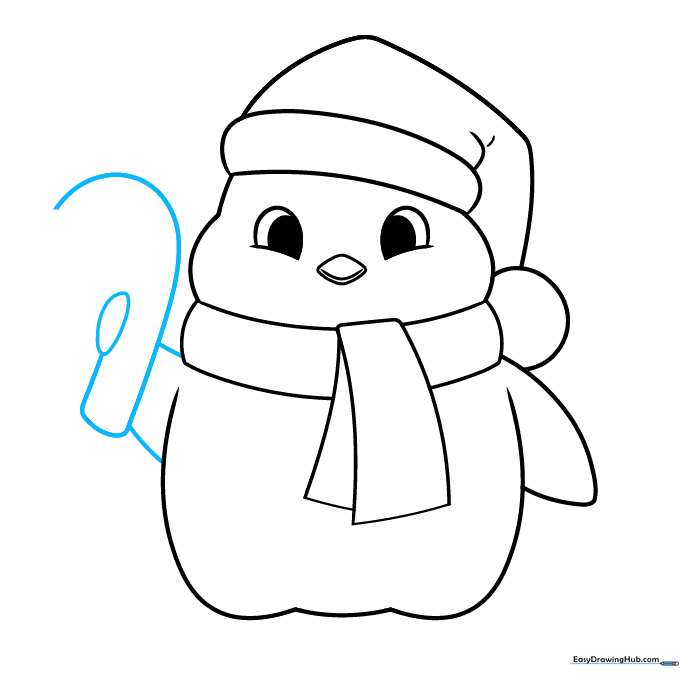Penguin wing holding a candy cane, showing the J-curve of the candy.